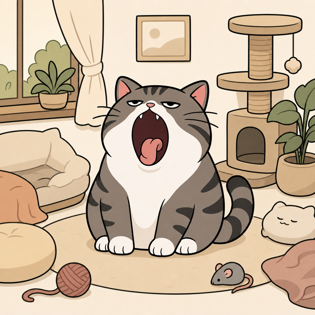 Sleepy yawning cat in a quiet room surrounded by cushions and plants
